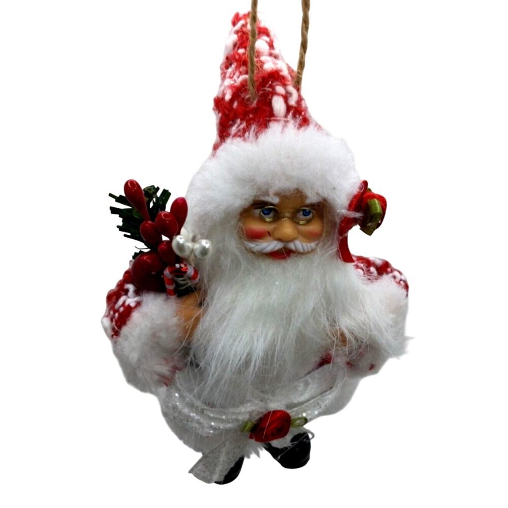 Santa Claus Christmas Ornament Red & White Plaid Hand Decorated - Picture 2 of 7